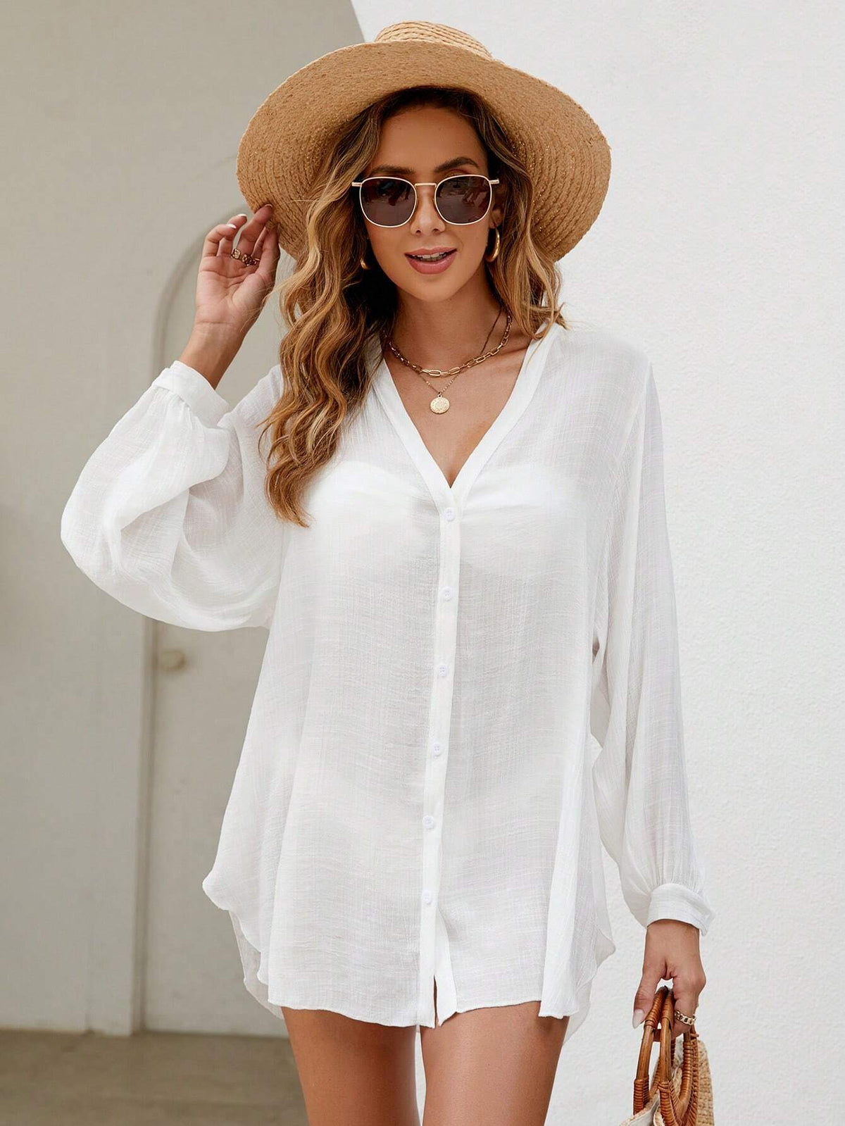 SHEIN Swim Basics Blusa Quimono Feminina Com Peito Único