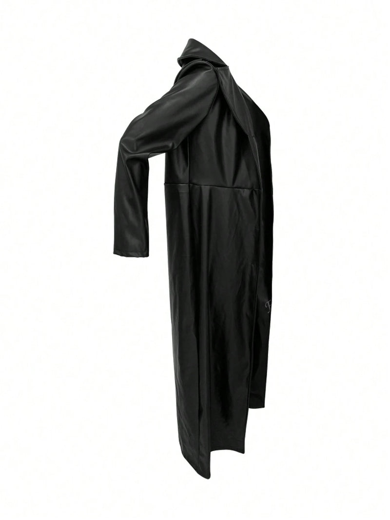 European And American Women Autumn/Winter New PU Leather Cardigan, Button Front Long Sleeve Warm Long Coat