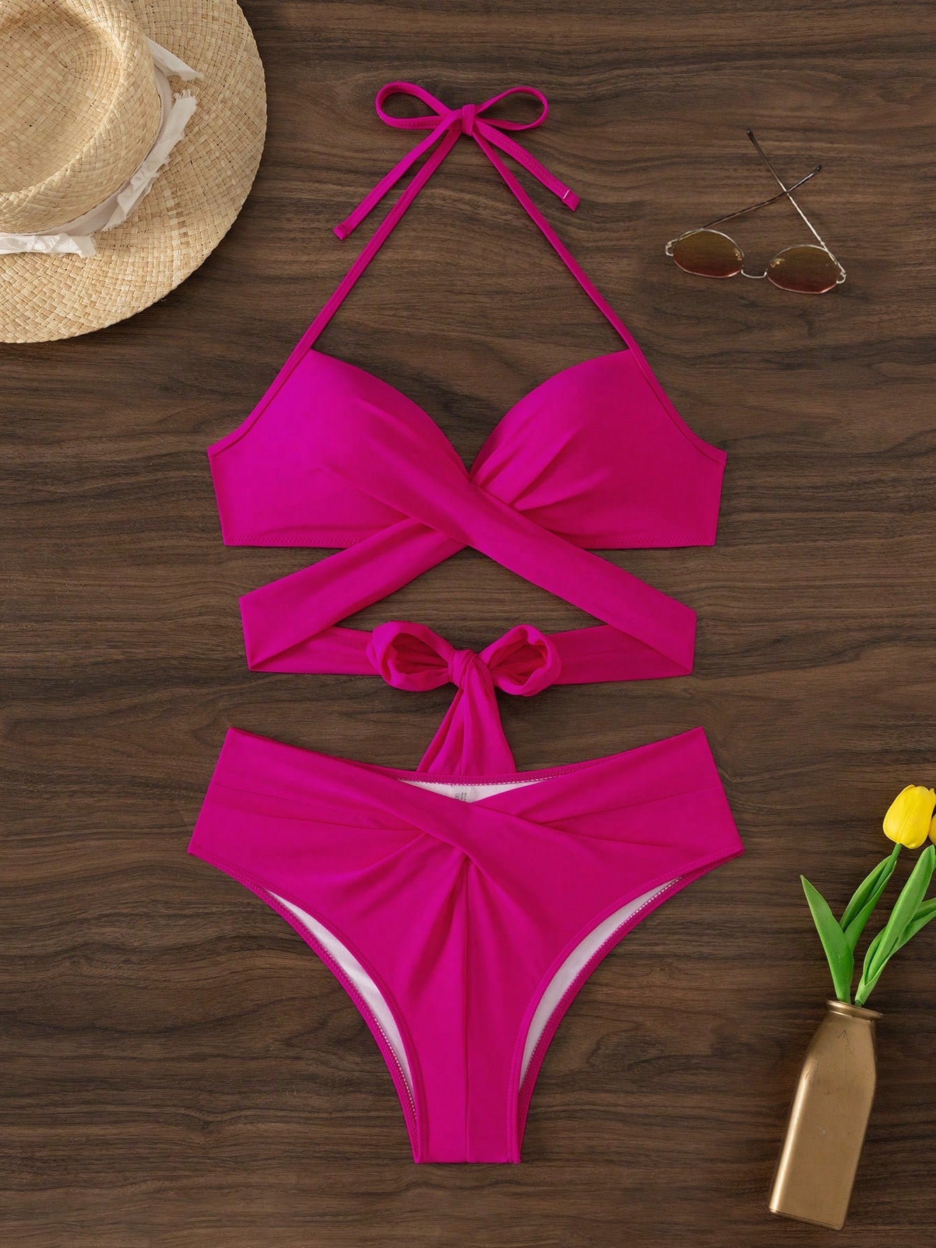 Swim Mod Conjunto de Maiô Bikini sem fio feminino em cores sólidas e simples para verão na praia