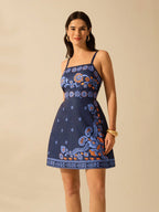 CAJUNI Vestido Curto Preto com Alça em Estilo Boho Tropical, Impressão de Plantas, Azaléia, Girassol para Férias Casuais de Verão para Mulheres