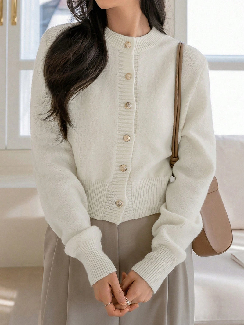 Dazy-Less Cardigan de Botão Sólido, Casual de Primavera/Outono para Mulheres, Botões Regulares, Manga Regular, Gola Redonda, Ajuste Regular, Bege Liso, Cardigãs Femininos de Uso Diário Casual, Dinheiro Antigo