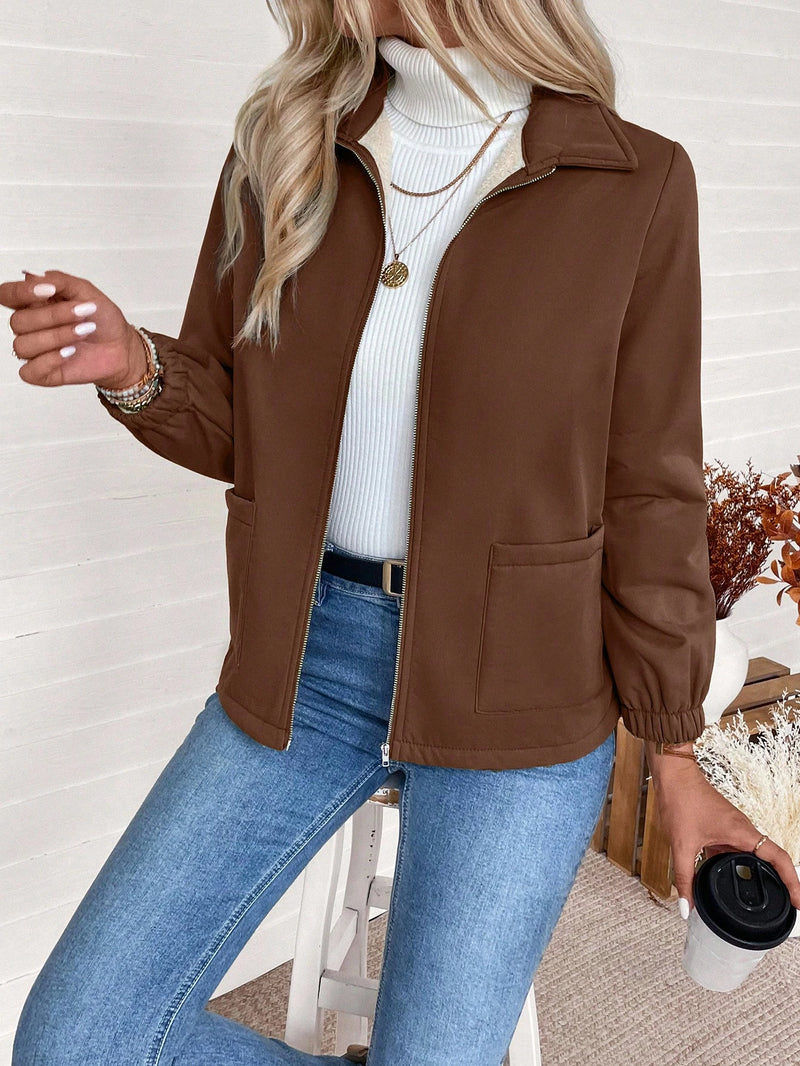 SHEIN LUNE Jaqueta Forrada de Zíper de Cor Sólida, Casual para Outono/Inverno