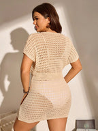 SHEIN Swim Curve Capa Plus Size Tricotada de Manga Curta com Decote em V Sólido, Textura Perfurada e Cordão na Cintura, para Verão