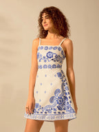 CAJUNI Vestido Curto Preto com Alça em Estilo Boho Tropical, Impressão de Plantas, Azaléia, Girassol para Férias Casuais de Verão para Mulheres