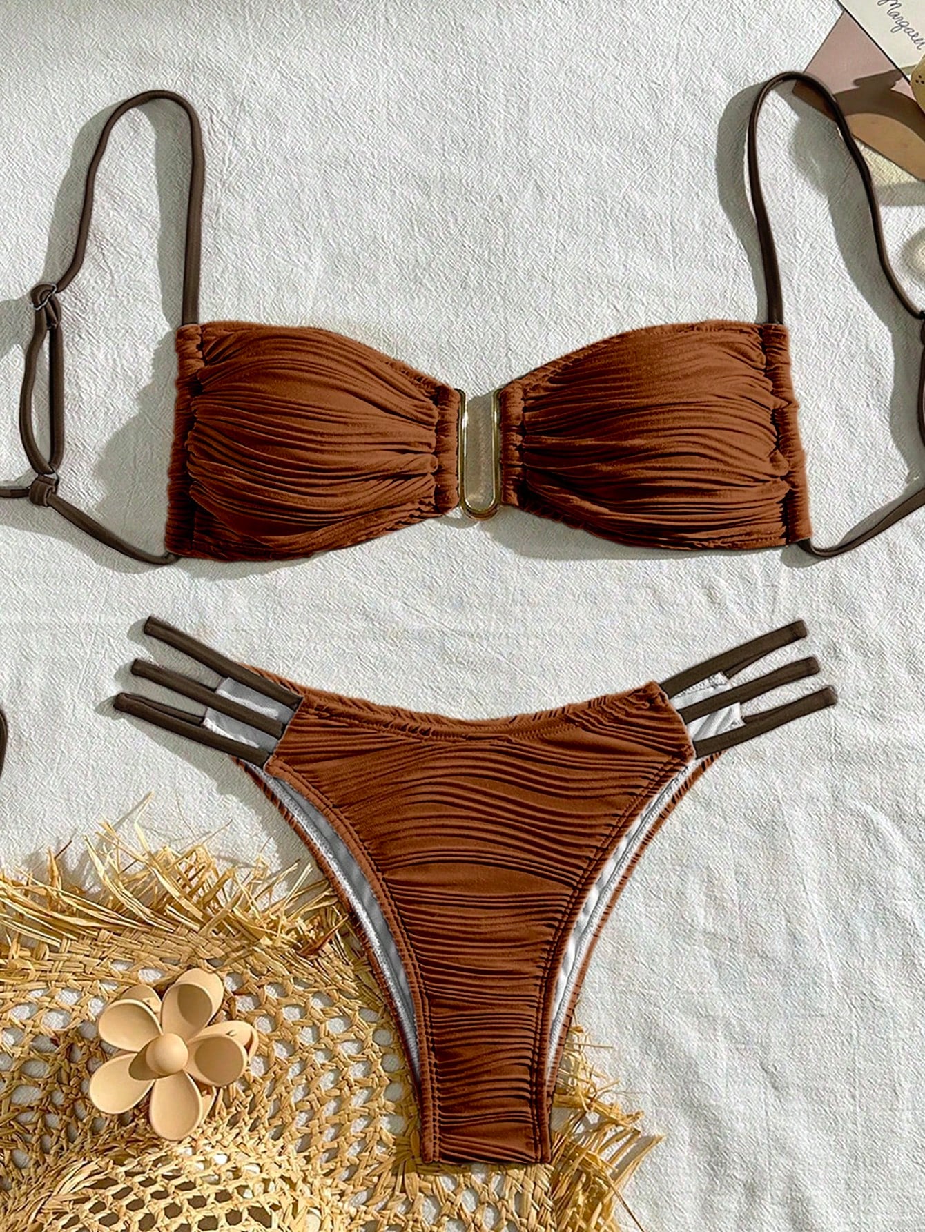 Bonvoyette Conjunto de Maiô Bikini Sensual com Franzidos de Cor Sólida para Praia Feminino de Verão