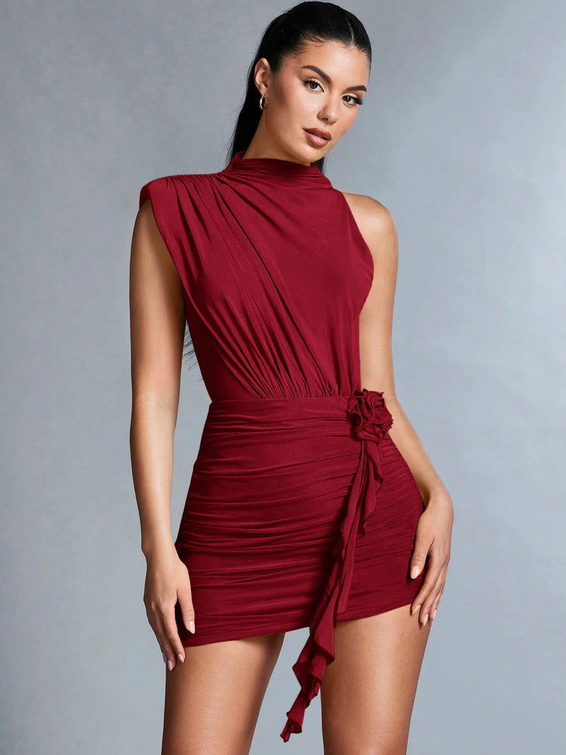 SHEIN BAE Vestido com Ombro Assimétrico, Franzido e Decorado com Flor 3D para Mulheres