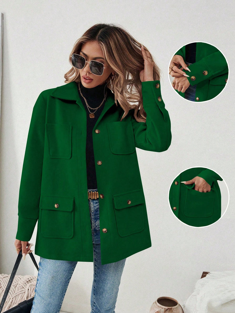 EMERY ROSE Jaqueta Casual Feminina de Cor Sólida com Remendos e Bolso, Abotoamento Simples, Outono/Inverno
