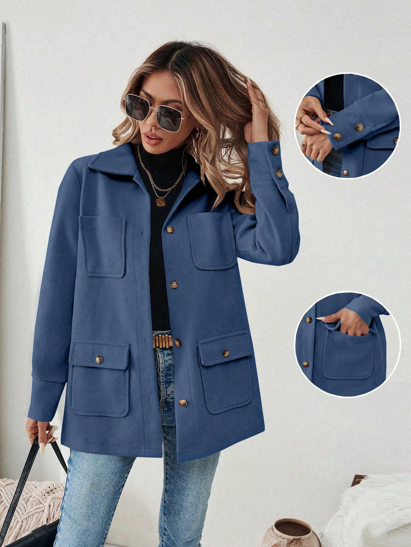 EMERY ROSE Jaqueta Casual Feminina de Cor Sólida com Remendos e Bolso, Abotoamento Simples, Outono/Inverno