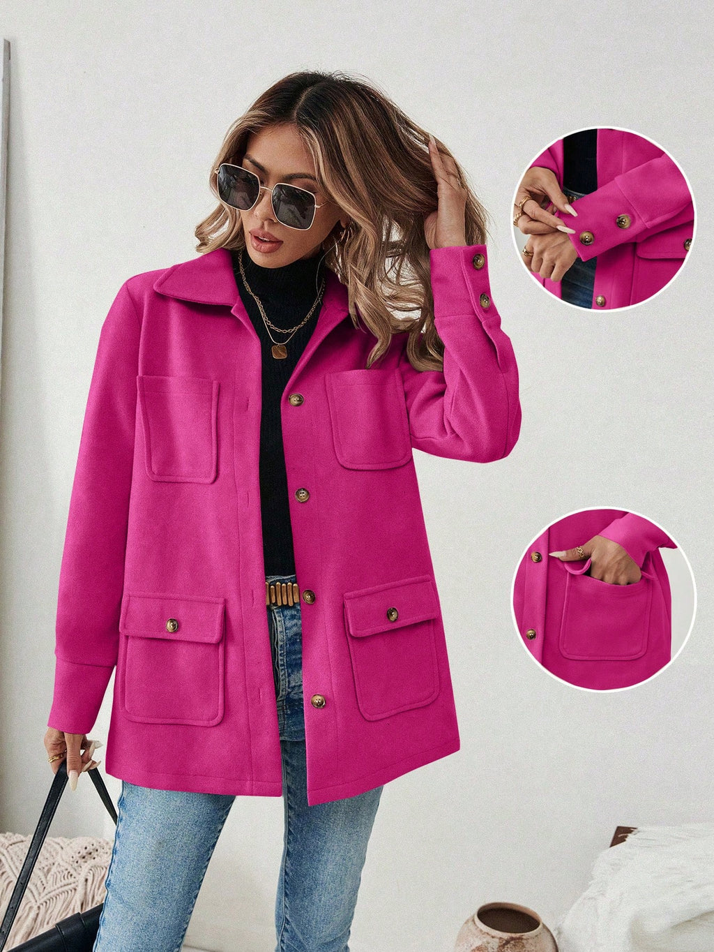EMERY ROSE Jaqueta Casual Feminina de Cor Sólida com Remendos e Bolso, Abotoamento Simples, Outono/Inverno