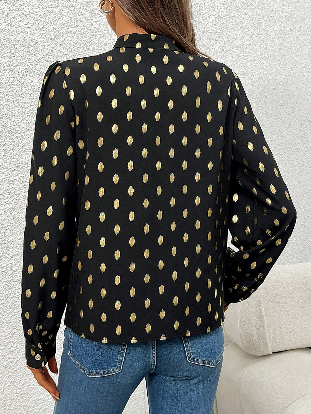 SHEIN LUNE Blusa com Gola de Gravata, Manga Farol e Estampa Listrada, Blusas de Manga Longa