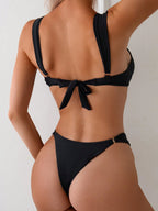 SHEIN Swim 1 conjunto Maiô Bikini Feminino Preto de 2 Peças, Estilo Sexy com Alças, Decote Nas Costas e Decoração Metálica, Estiloso