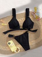 SHEIN Swim 1 conjunto Maiô Bikini Feminino Preto de 2 Peças, Estilo Sexy com Alças, Decote Nas Costas e Decoração Metálica, Estiloso