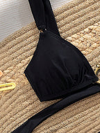 SHEIN Swim 1 conjunto Maiô Bikini Feminino Preto de 2 Peças, Estilo Sexy com Alças, Decote Nas Costas e Decoração Metálica, Estiloso