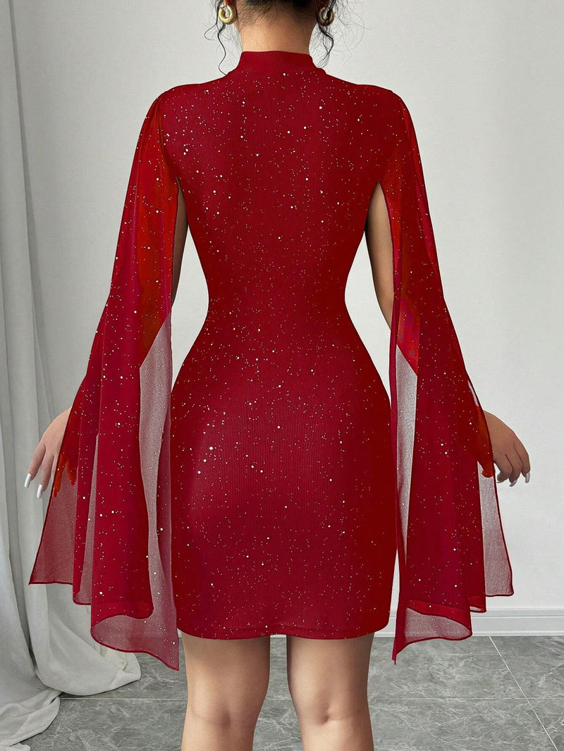 Elenzga Vestido Curto Ajustado Casual Simples com Gola Alta, Manga Sino e Modelagem Justa para Roupas de Ano Novo