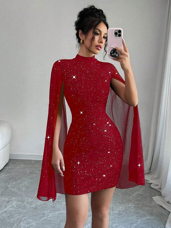 Elenzga Vestido Curto Ajustado Casual Simples com Gola Alta, Manga Sino e Modelagem Justa para Roupas de Ano Novo