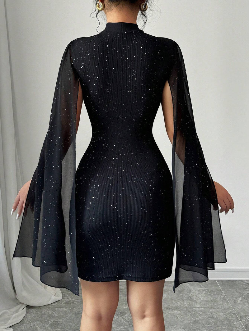 Elenzga Vestido Curto Ajustado Casual Simples com Gola Alta, Manga Sino e Modelagem Justa para Roupas de Ano Novo