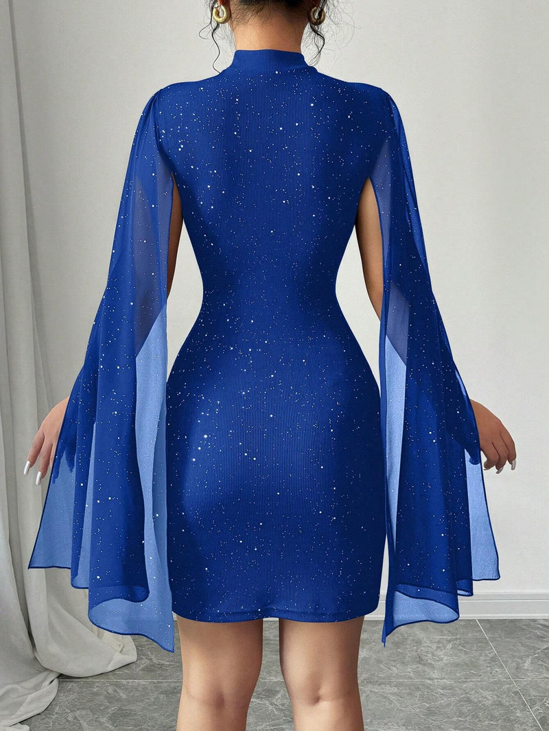 Elenzga Vestido Curto Ajustado Casual Simples com Gola Alta, Manga Sino e Modelagem Justa para Roupas de Ano Novo