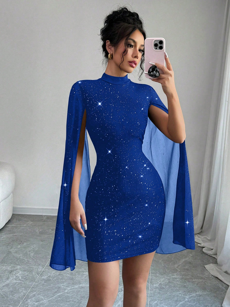 Elenzga Vestido Curto Ajustado Casual Simples com Gola Alta, Manga Sino e Modelagem Justa para Roupas de Ano Novo