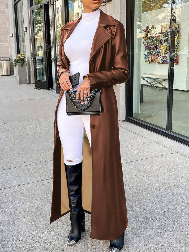 European And American Women Autumn/Winter New PU Leather Cardigan, Button Front Long Sleeve Warm Long Coat