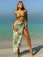 Conjunto de Maiô Bikini com Estampa Retrô Dividido para Praia e Férias, Conjunto de 3 Peças com Saia de Tule