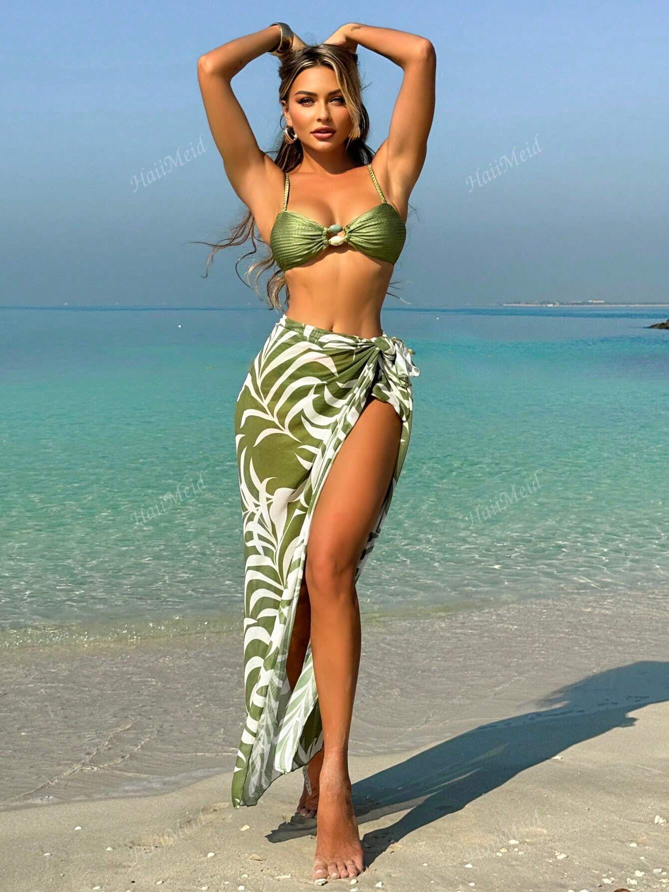 Conjunto de Maiô Bikini com Estampa Retrô Dividido para Praia e Férias, Conjunto de 3 Peças com Saia de Tule