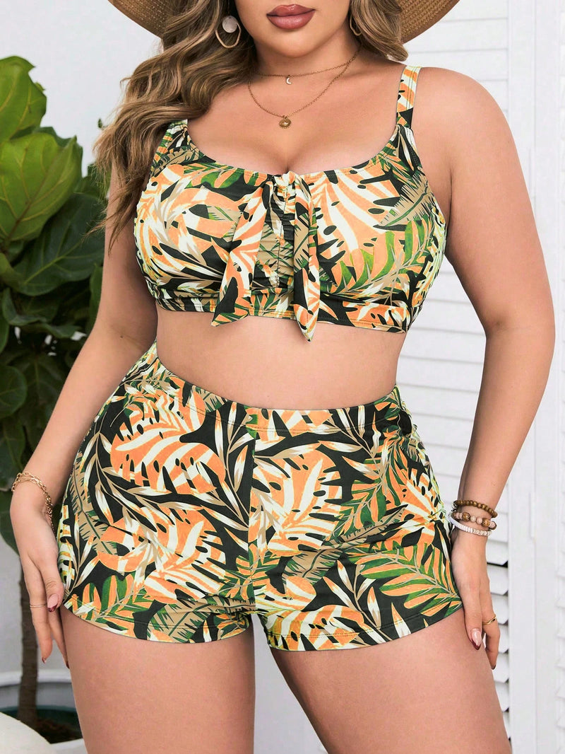 Swim Lushoire Conjunto de Maiô Estampado com Floral para Praia e Férias, Tamanhos Grandes Femininos
