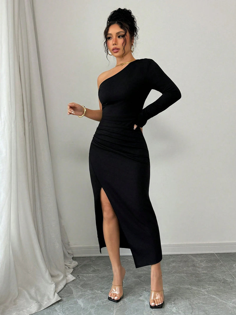 Chiquease Vestido Assimétrico Elegante de Gola Dividida e Cor Sólida para Mulheres