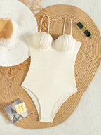 Swim Vcay Conjunto de Praia de Verão Feminino, Tecido de Textura Sólida, Decoração de Concha, Maiô Sem Costas com Alça de Amarração, Casual de Férias