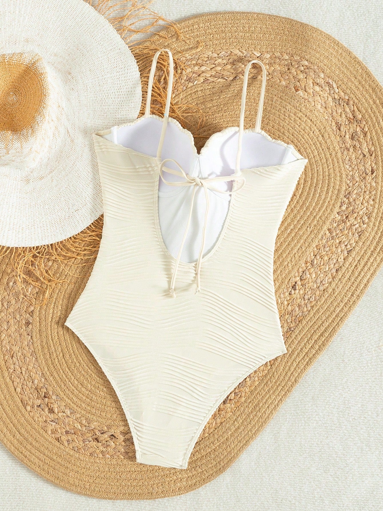 Swim Vcay Conjunto de Praia de Verão Feminino, Tecido de Textura Sólida, Decoração de Concha, Maiô Sem Costas com Alça de Amarração, Casual de Férias