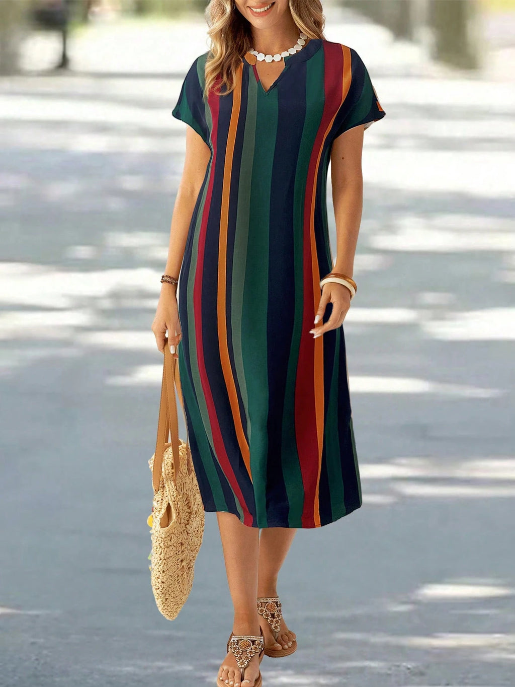 EMERY ROSE Vestido de Verão Feminino com Pescoço em V Ranhura Listras Florais com Estampa de Manga Curta