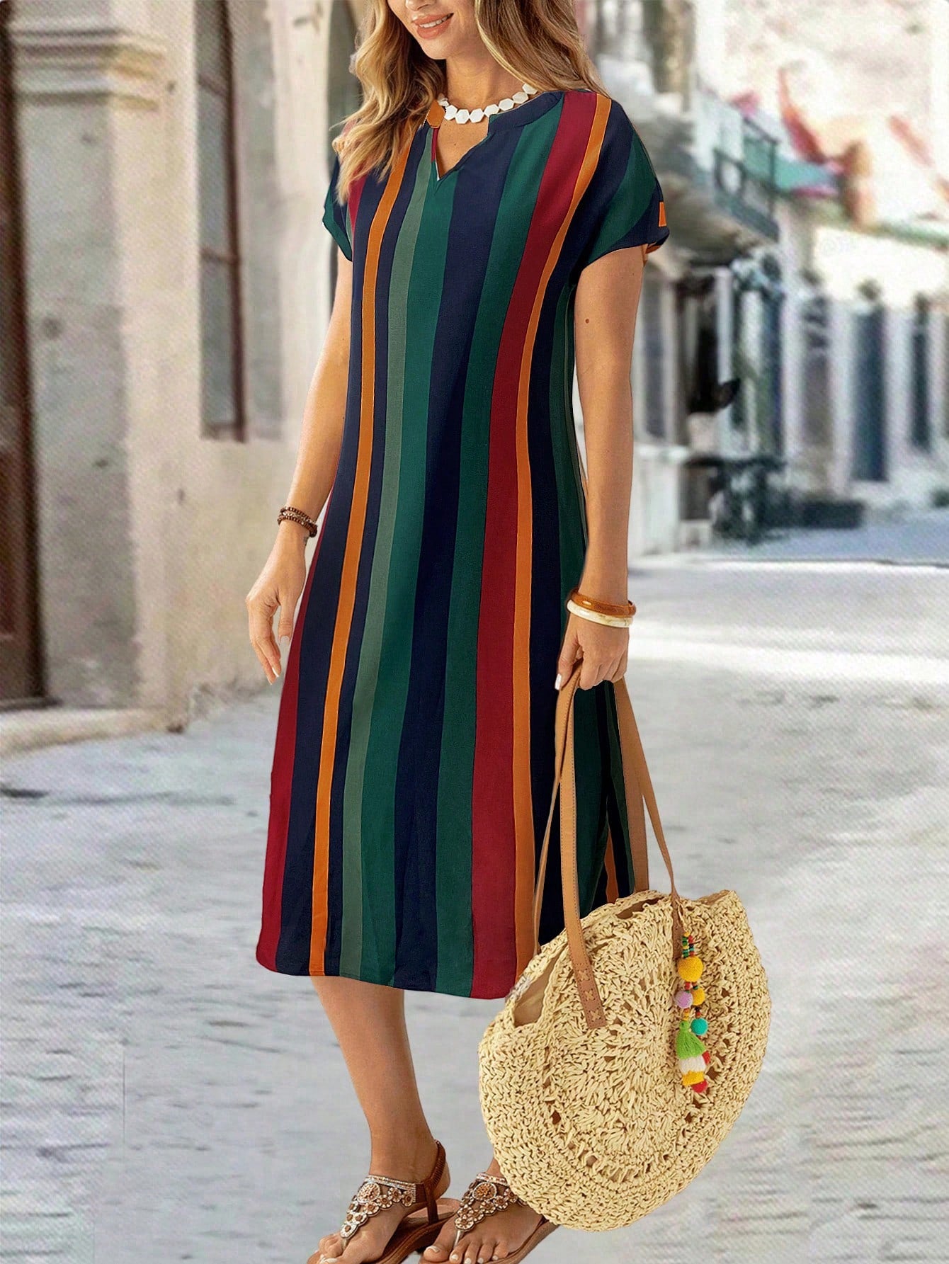 EMERY ROSE Vestido de Verão Feminino com Pescoço em V Ranhura Listras Florais com Estampa de Manga Curta