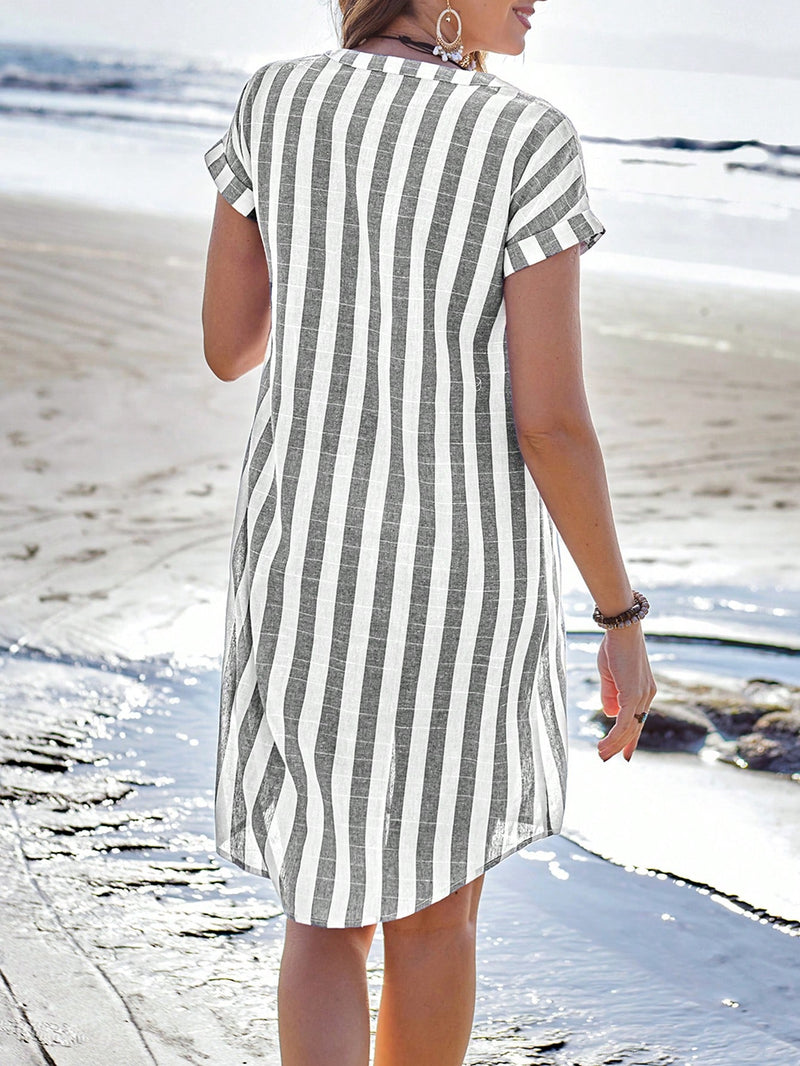 Sylviya Vestido Feminino Casual de Camisa Listrada de Manga Curta com Decote em V Verão, Até o Joelho