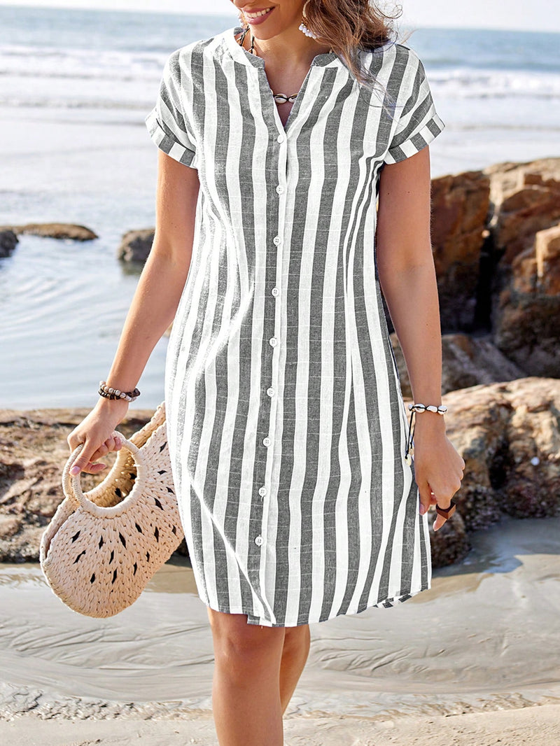 Sylviya Vestido Feminino Casual de Camisa Listrada de Manga Curta com Decote em V Verão, Até o Joelho