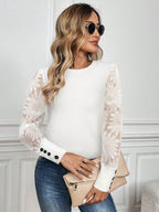 SHEIN LUNE Top Feminino Waffle Branco Com Mangas De Renda