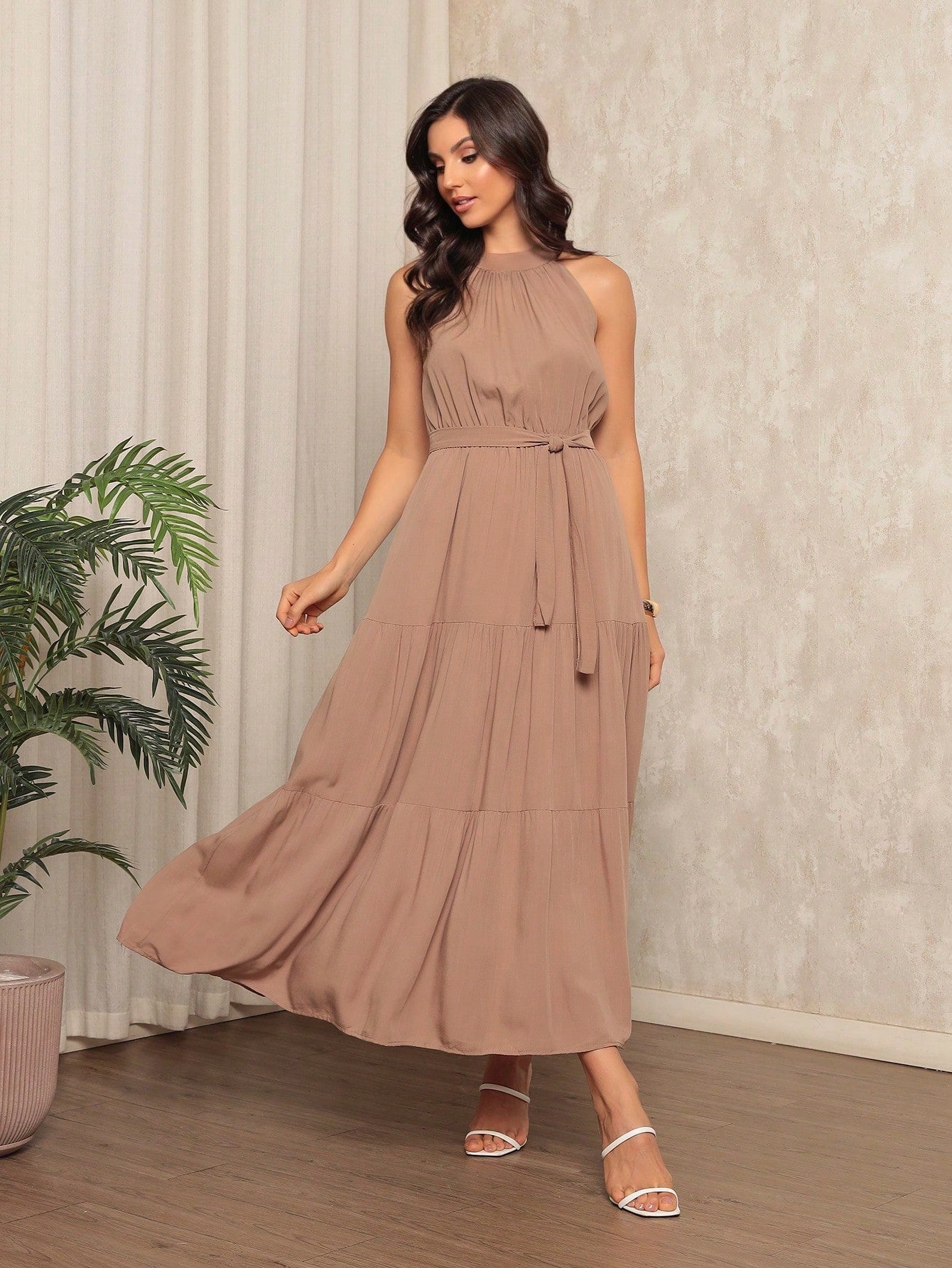 Vendedor IndicadoVestido Longo Feminina Liso Gola Alta Tres Maria Com Cinto