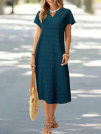 EMERY ROSE Vestido de Verão Feminino com Pescoço em V Ranhura Listras Florais com Estampa de Manga Curta