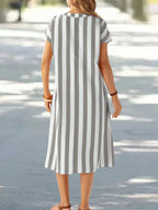 EMERY ROSE Vestido de Verão Feminino com Pescoço em V Ranhura Listras Florais com Estampa de Manga Curta