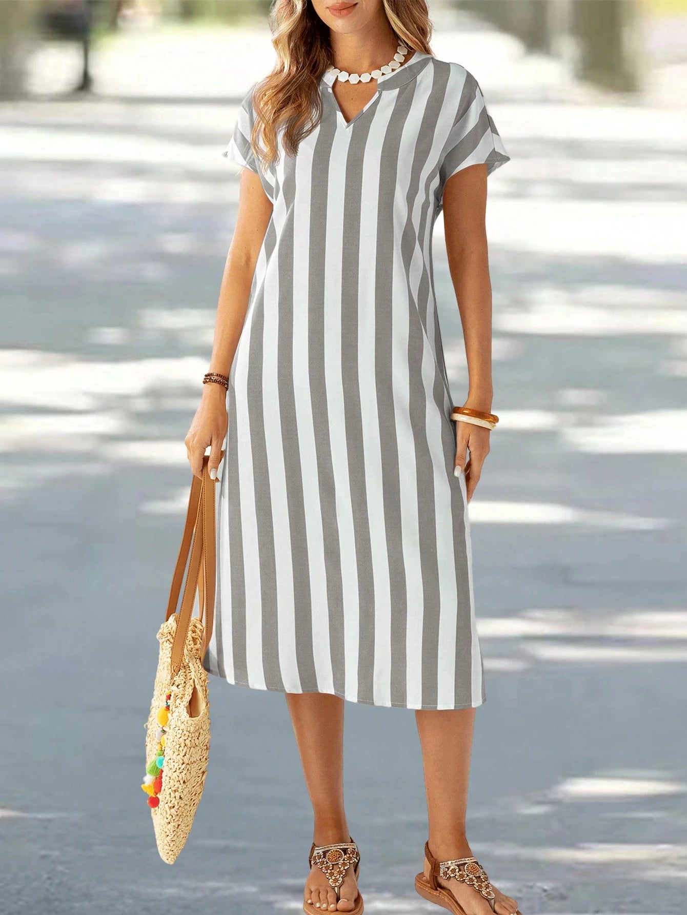 EMERY ROSE Vestido de Verão Feminino com Pescoço em V Ranhura Listras Florais com Estampa de Manga Curta