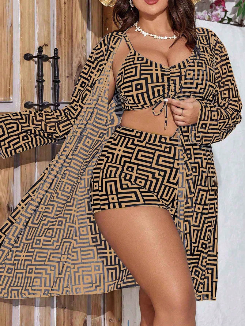  Conjunto de 3 peças de roupa de praia plus size feminina, estilo quimono, design solto com alça e split, com estampa aleatória