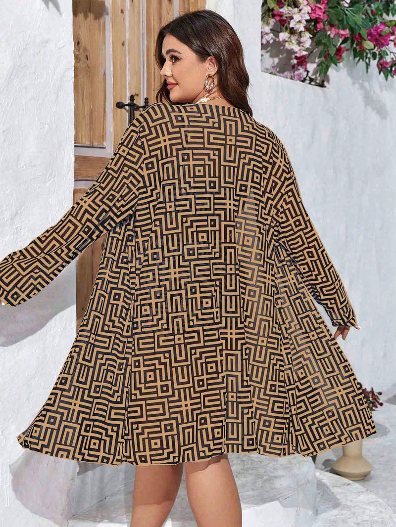  Conjunto de 3 peças de roupa de praia plus size feminina, estilo quimono, design solto com alça e split, com estampa aleatória