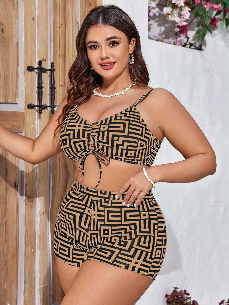  Conjunto de 3 peças de roupa de praia plus size feminina, estilo quimono, design solto com alça e split, com estampa aleatória