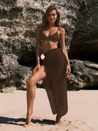 Swim Chiccia Saia com Gola Alta e Estilo Capa de Cor Sólida para Mulheres, com Fenda na Coxa e Decoração de Flor 3D, Verão