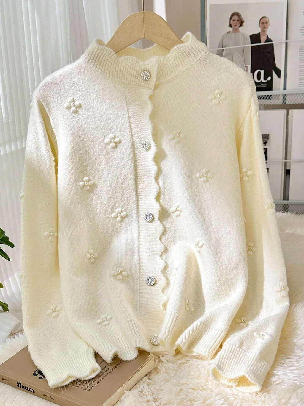 JIANHU Novo Casaco de Malha Floral de Pérolas da Primavera, Feminino, Solto e Casual, Suéter de Gola Redonda, Elegante, de Manga Longa