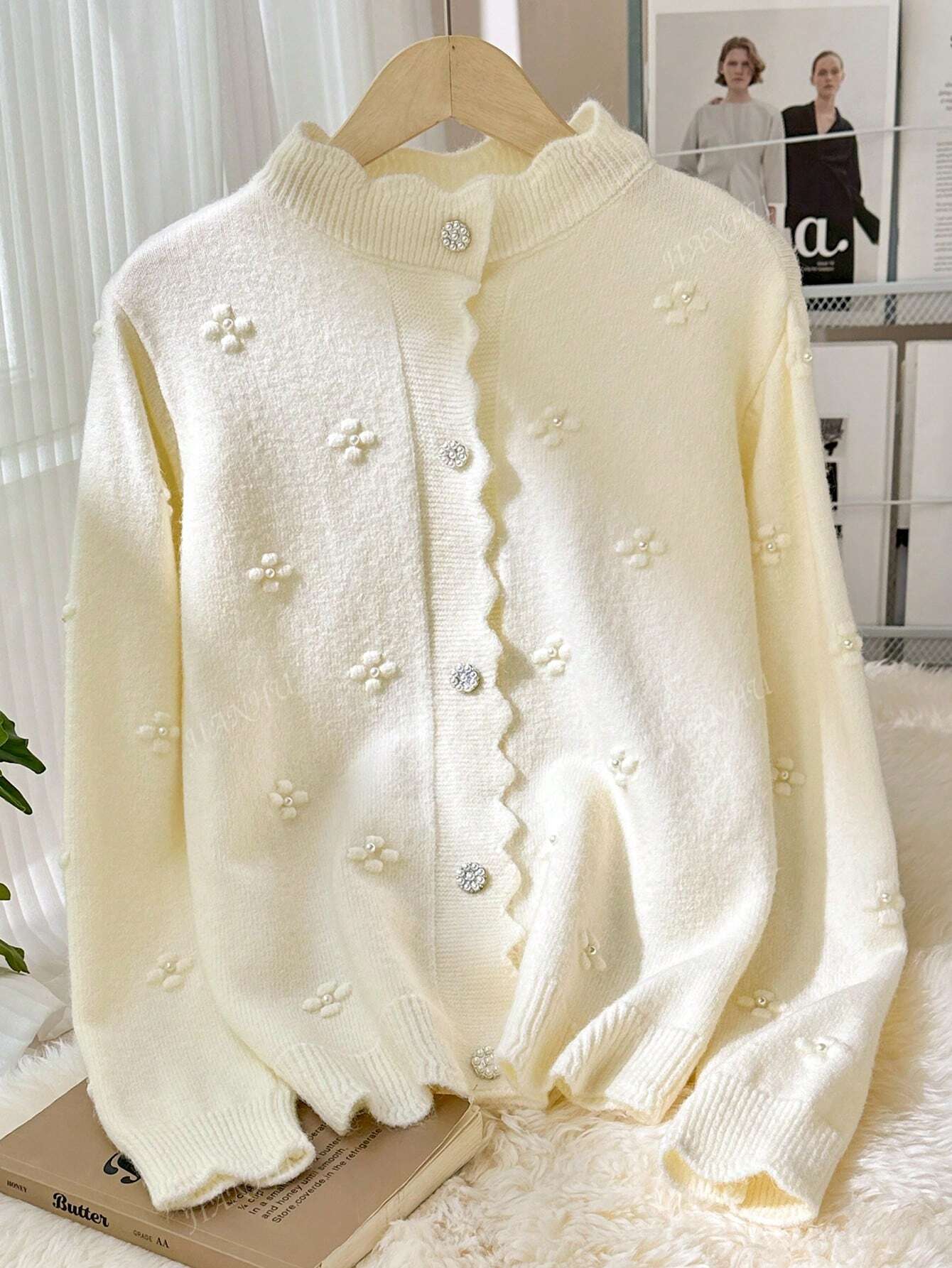 JIANHU Novo Casaco de Malha Floral de Pérolas da Primavera, Feminino, Solto e Casual, Suéter de Gola Redonda, Elegante, de Manga Longa