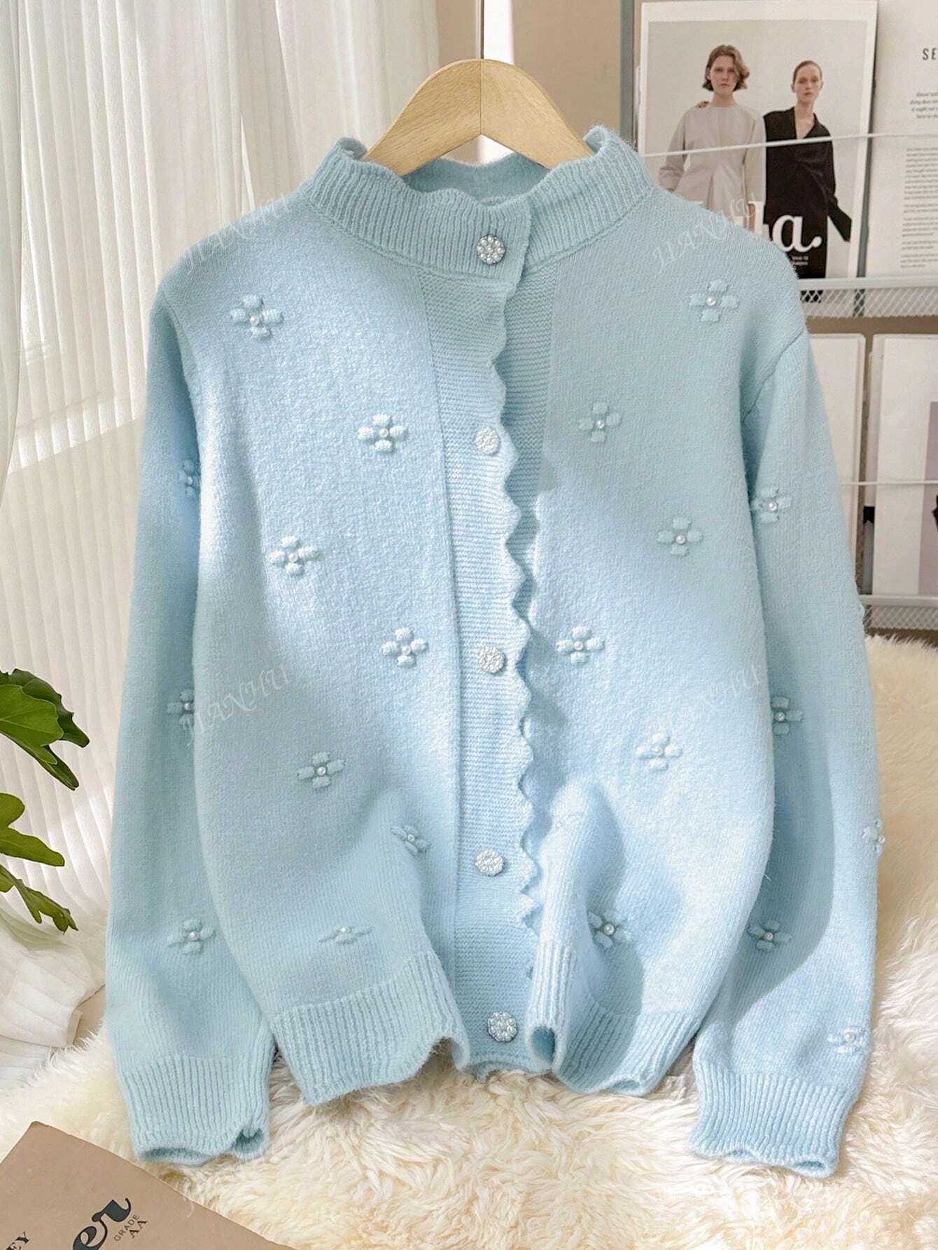 JIANHU Novo Casaco de Malha Floral de Pérolas da Primavera, Feminino, Solto e Casual, Suéter de Gola Redonda, Elegante, de Manga Longa