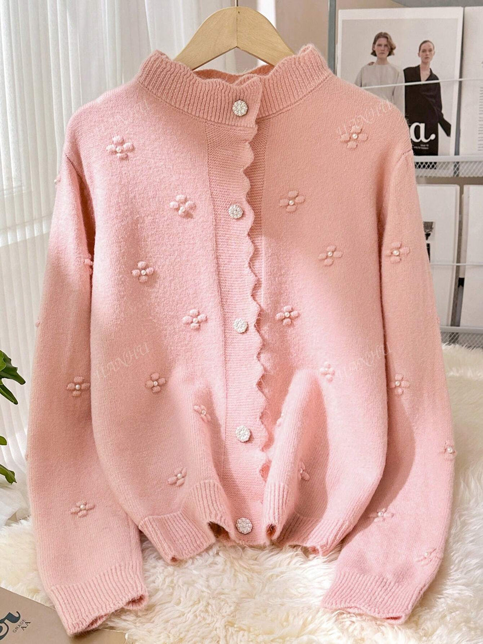 JIANHU Novo Casaco de Malha Floral de Pérolas da Primavera, Feminino, Solto e Casual, Suéter de Gola Redonda, Elegante, de Manga Longa