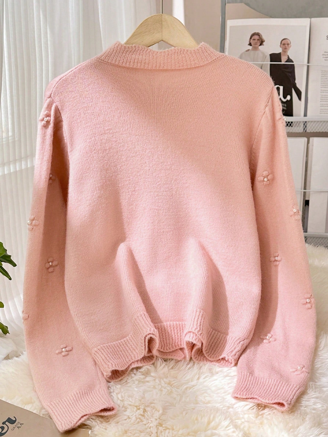 JIANHU Novo Casaco de Malha Floral de Pérolas da Primavera, Feminino, Solto e Casual, Suéter de Gola Redonda, Elegante, de Manga Longa