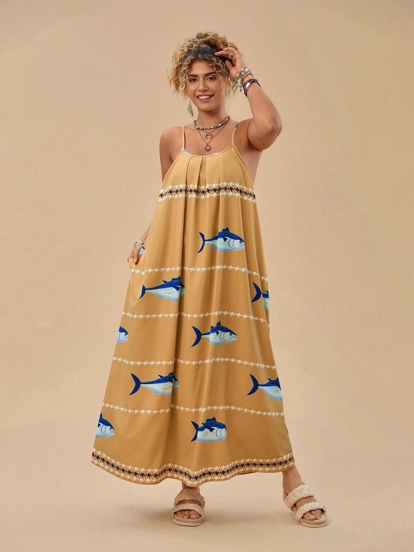 Travachic Vestido de Alça Casual de Férias com Bolso e Estampa Tropical Oceânica, para Mulheres Plus Size, para o Verão