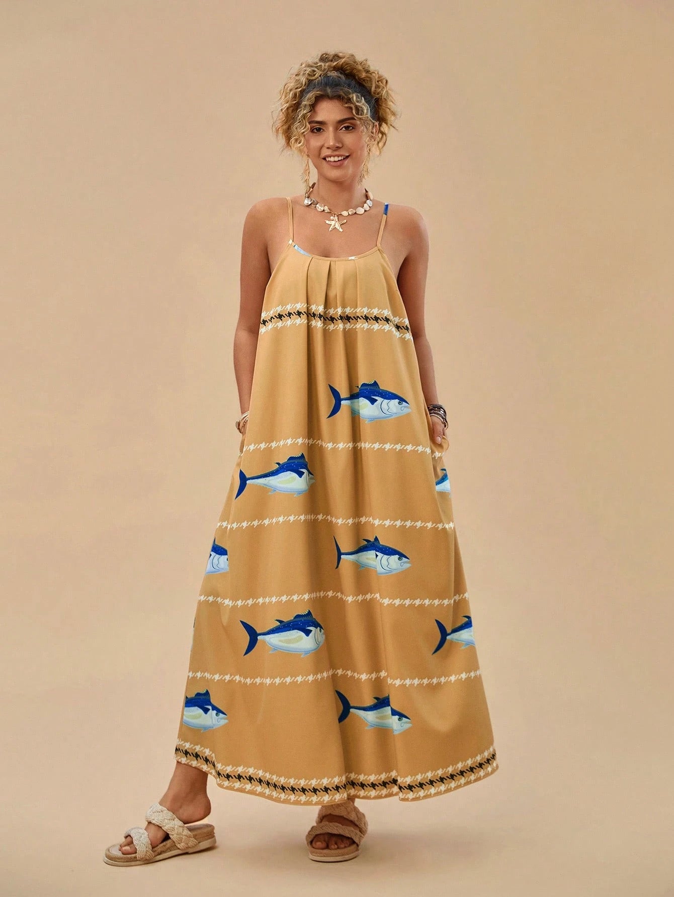 Travachic Vestido de Alça Casual de Férias com Bolso e Estampa Tropical Oceânica, para Mulheres Plus Size, para o Verão