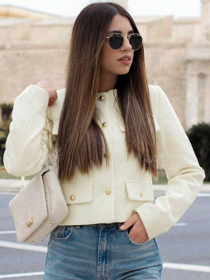 Jaqueta de Bolso de Abotoamento Único Feminina, Cor Sólida Elegante, Roupa Externa Leve para Primavera/Verão, Minimalista e da Moda